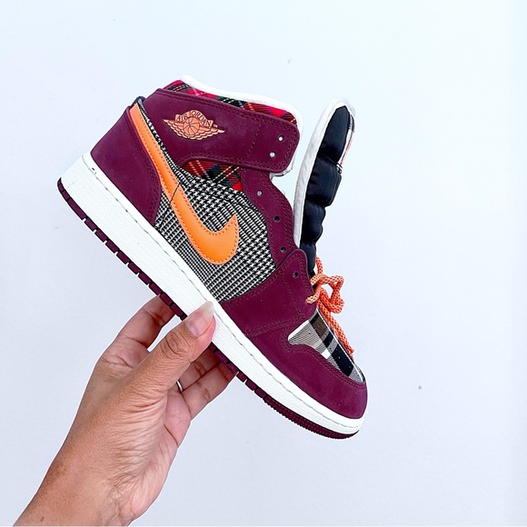 Nike Air Jordan AJ 1 Mid Special Edition Maroon Orange Plaid - Picture 2 of 8